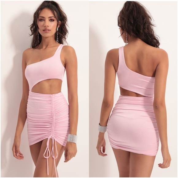 Lucy in the Sky Dresses & Skirts - LUCY IN THE SKY Champagne Showers One Shoulder Ruched Cutout Dress In Light Pink